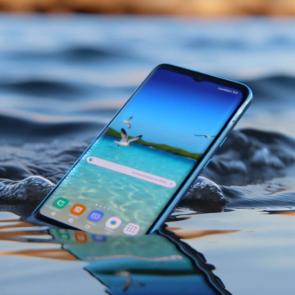 Samsung Galaxy S24 liegt im Wasser am Meer mit Display nach vorne