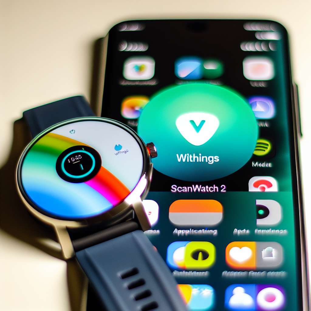 Withings Scanwatch 2, daneben ein Smartphone wo ein App Store geöffnet ist.